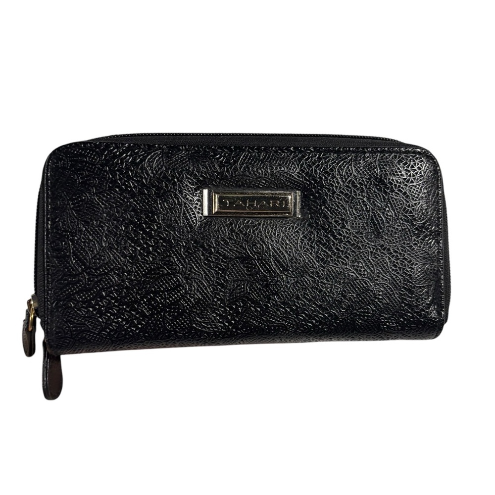 Tahari Black Floral Embossed Leather Double Zipper‎ Wallet 8x4”